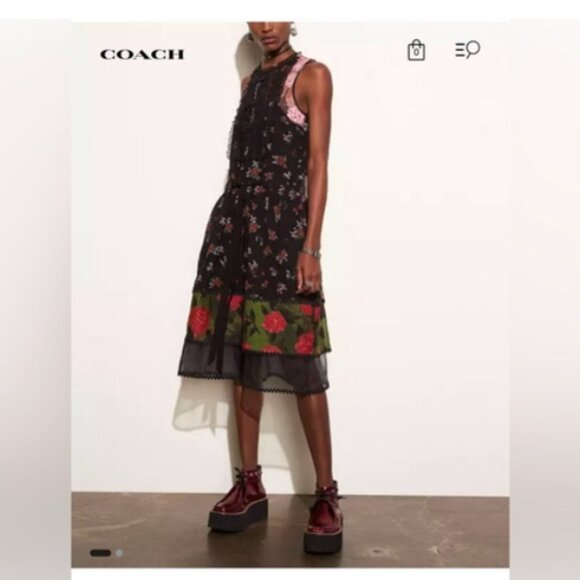 COACH Bib Teared Black Floral Dress SZ 2 - Picture 1 of 13